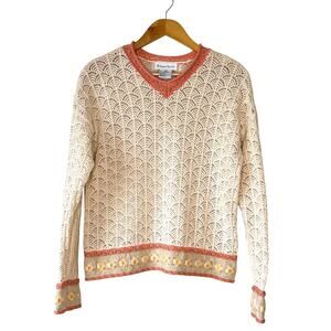 Vtg Robert Scott Sweater Women M Cream Open Knit Floral Coquette Cottagecore‎